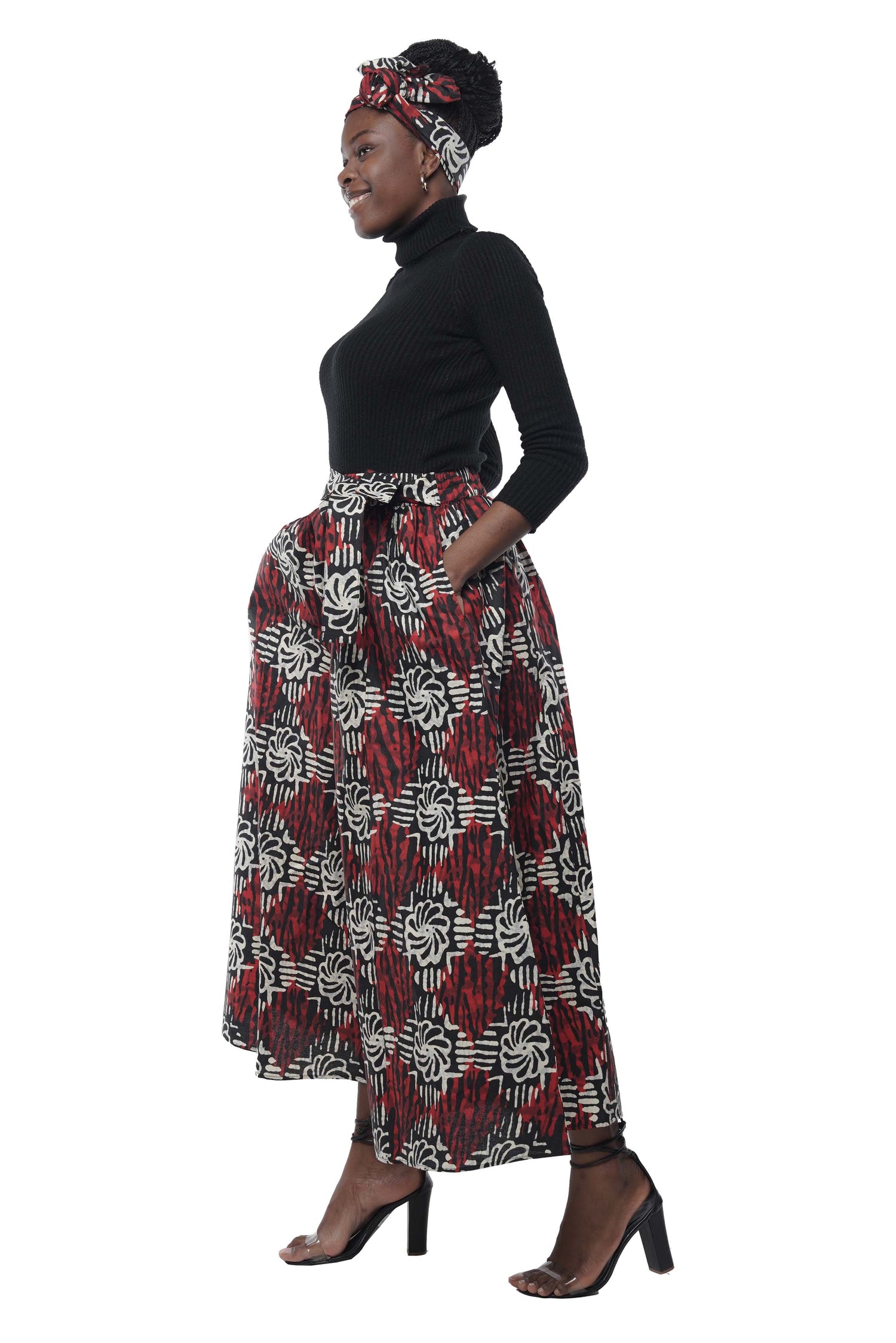 African Palazzo Pants Set w/ Headwrap | Wide Leg Cotton Pants w/ Belts &amp; Pockets, One Size Ankara
