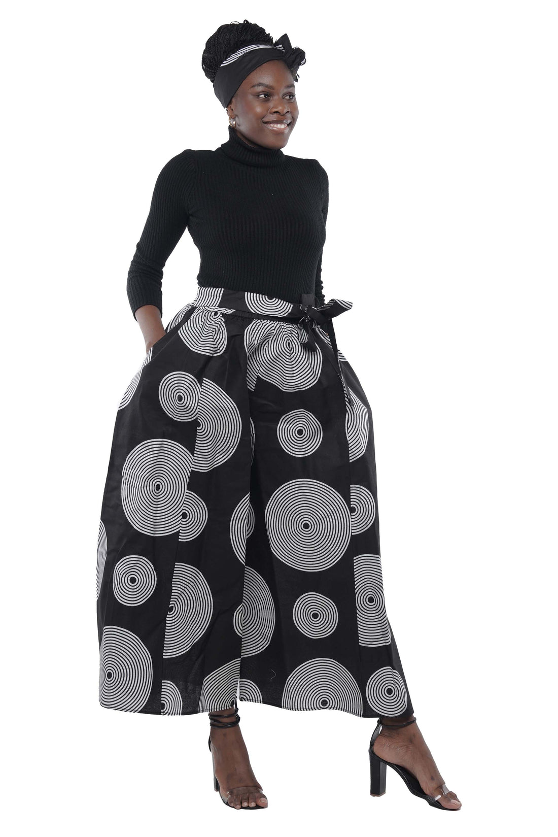 African Palazzo Pants Set w/ Headwrap | Wide Leg Cotton Pants w/ Belts &amp; Pockets, One Size Ankara