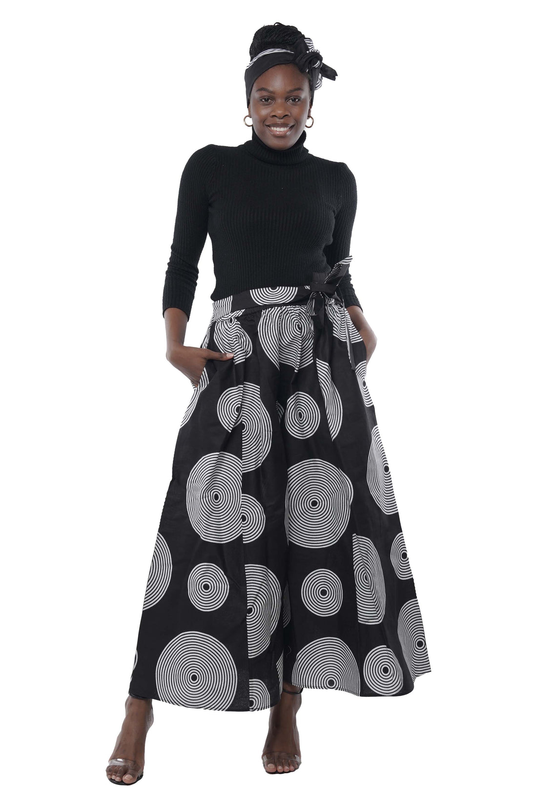 African Palazzo Pants Set w/ Headwrap | Wide Leg Cotton Pants w/ Belts &amp; Pockets, One Size Ankara