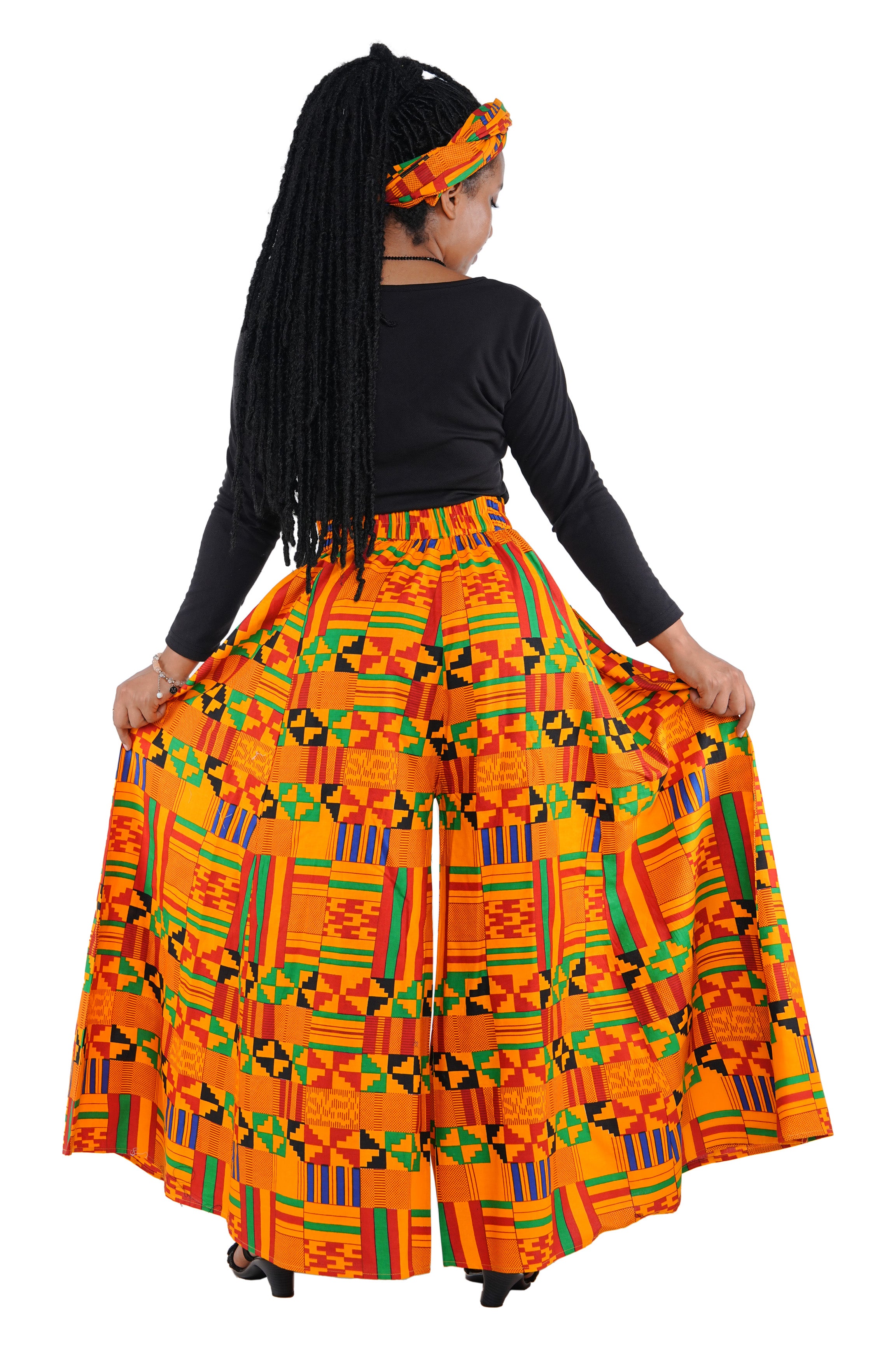 African Palazzo Pants Set w/ Headwrap | Wide Leg Cotton Pants w/ Belts &amp; Pockets, One Size Ankara