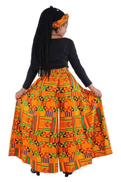 African Palazzo Pants Set w/ Headwrap | Wide Leg Cotton Pants w/ Belts &amp; Pockets, One Size Ankara