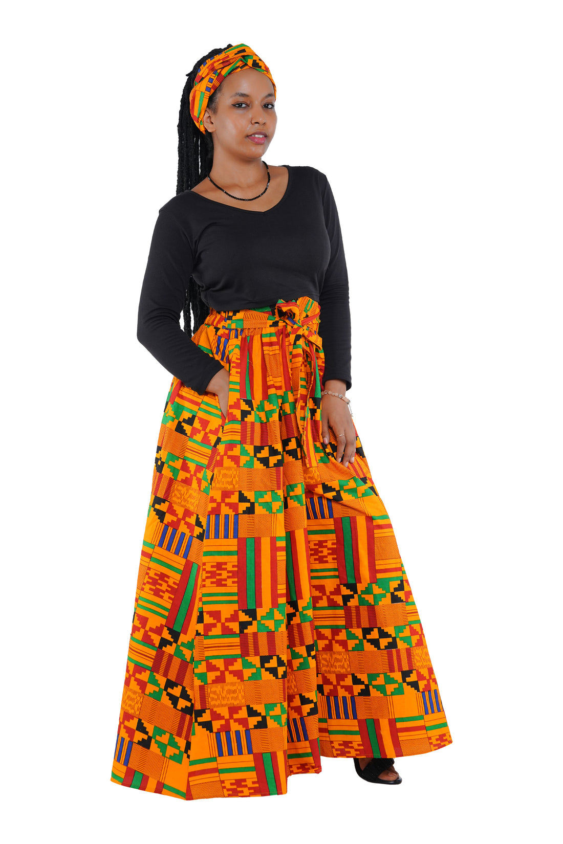 African Palazzo Pants Set w/ Headwrap | Wide Leg Cotton Pants w/ Belts & Pockets, One Size Ankara