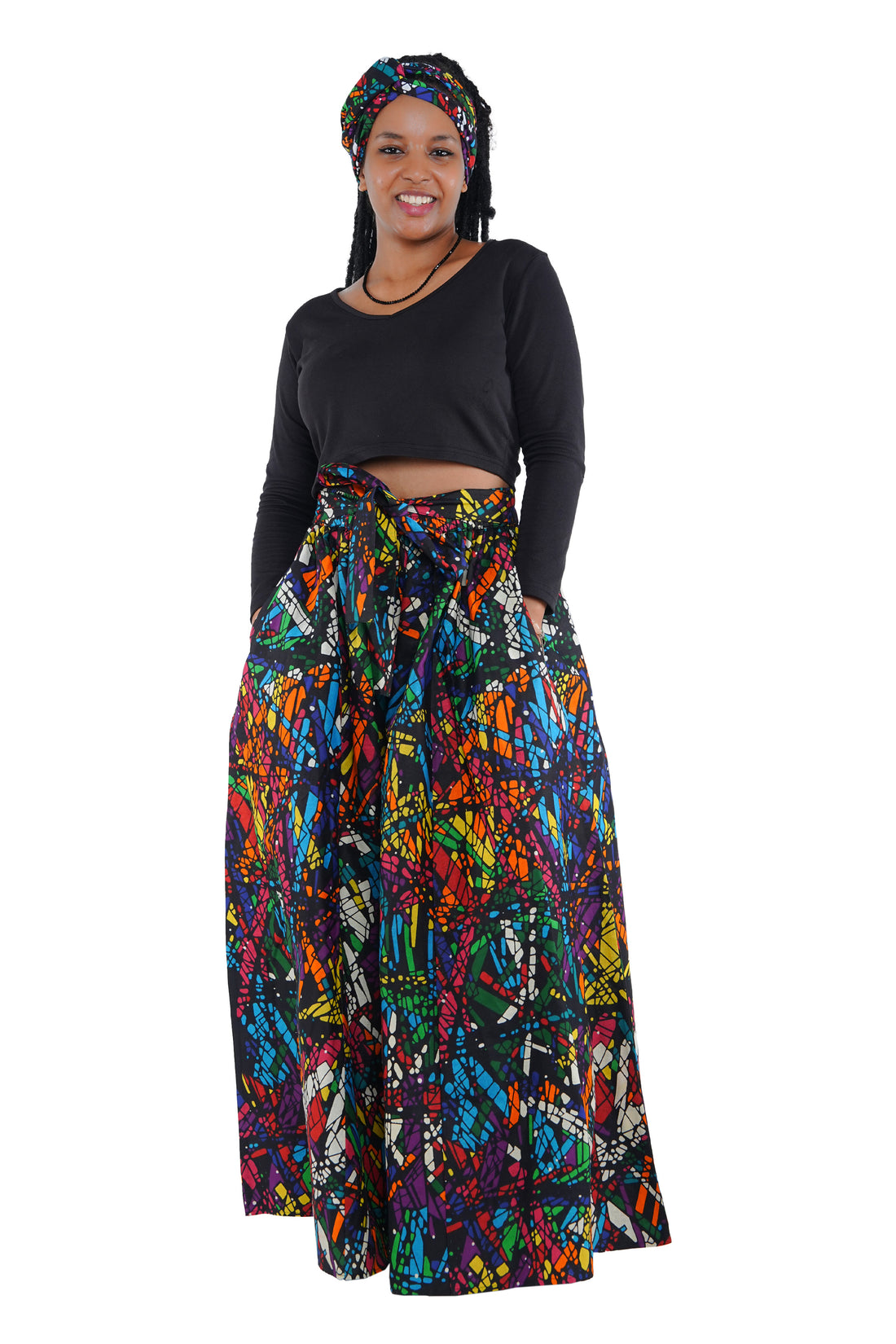 African Palazzo Pants Set w/ Headwrap | Wide Leg Cotton Pants w/ Belts & Pockets, One Size Ankara
