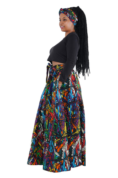 African Palazzo Pants Set w/ Headwrap | Wide Leg Cotton Pants w/ Belts &amp; Pockets, One Size Ankara