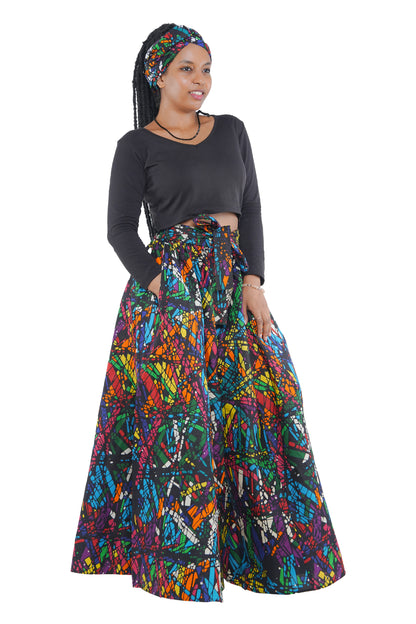 African Palazzo Pants Set w/ Headwrap | Wide Leg Cotton Pants w/ Belts &amp; Pockets, One Size Ankara