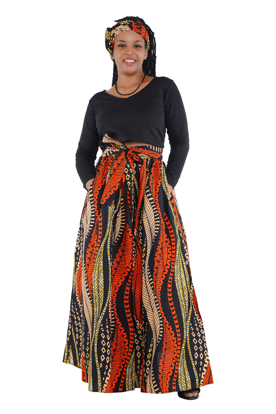 African Palazzo Pants Set w/ Headwrap | Wide Leg Cotton Pants w/ Belts & Pockets, One Size Ankara
