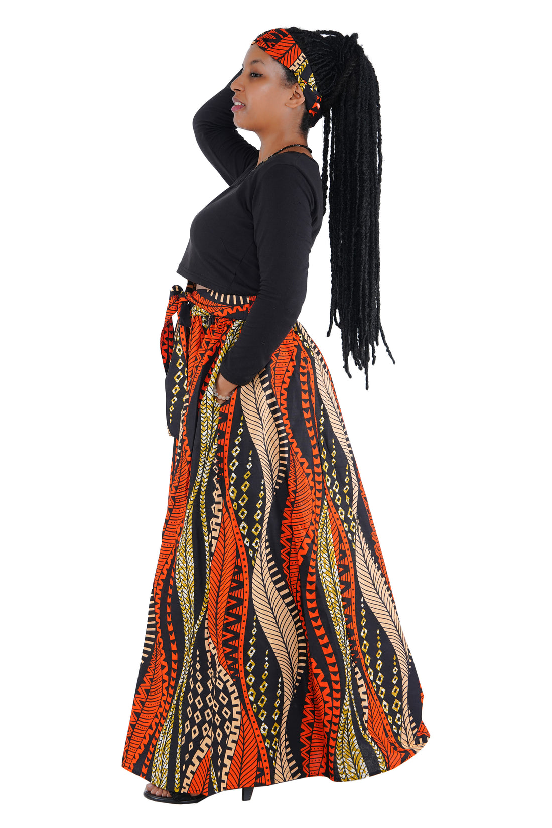 African Palazzo Pants Set w/ Headwrap | Wide Leg Cotton Pants w/ Belts &amp; Pockets, One Size Ankara