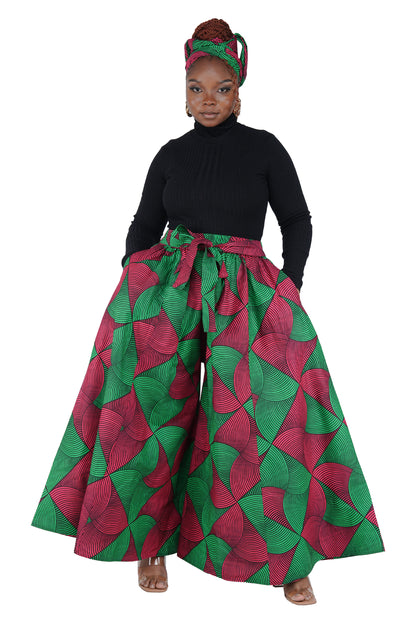 African Palazzo Pants Set w/ Headwrap | Wide Leg Cotton Pants w/ Belts &amp; Pockets, One Size