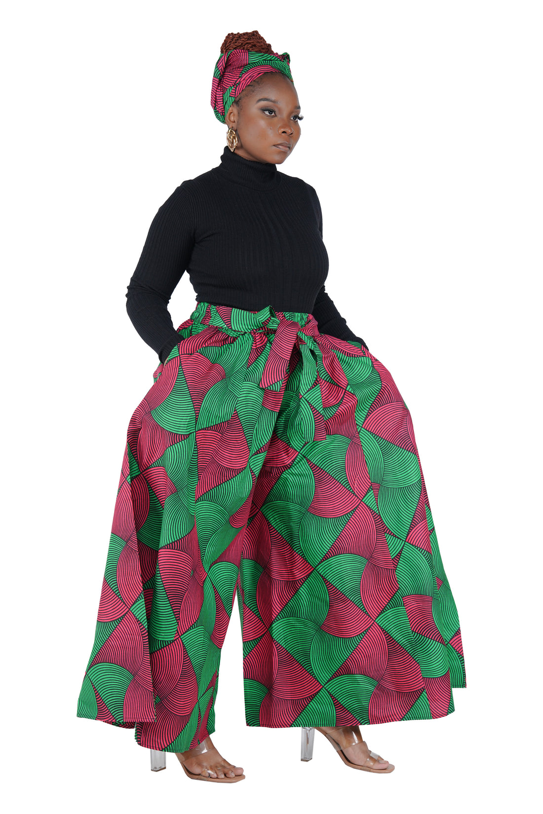 African Palazzo Pants Set w/ Headwrap | Wide Leg Cotton Pants w/ Belts &amp; Pockets, One Size