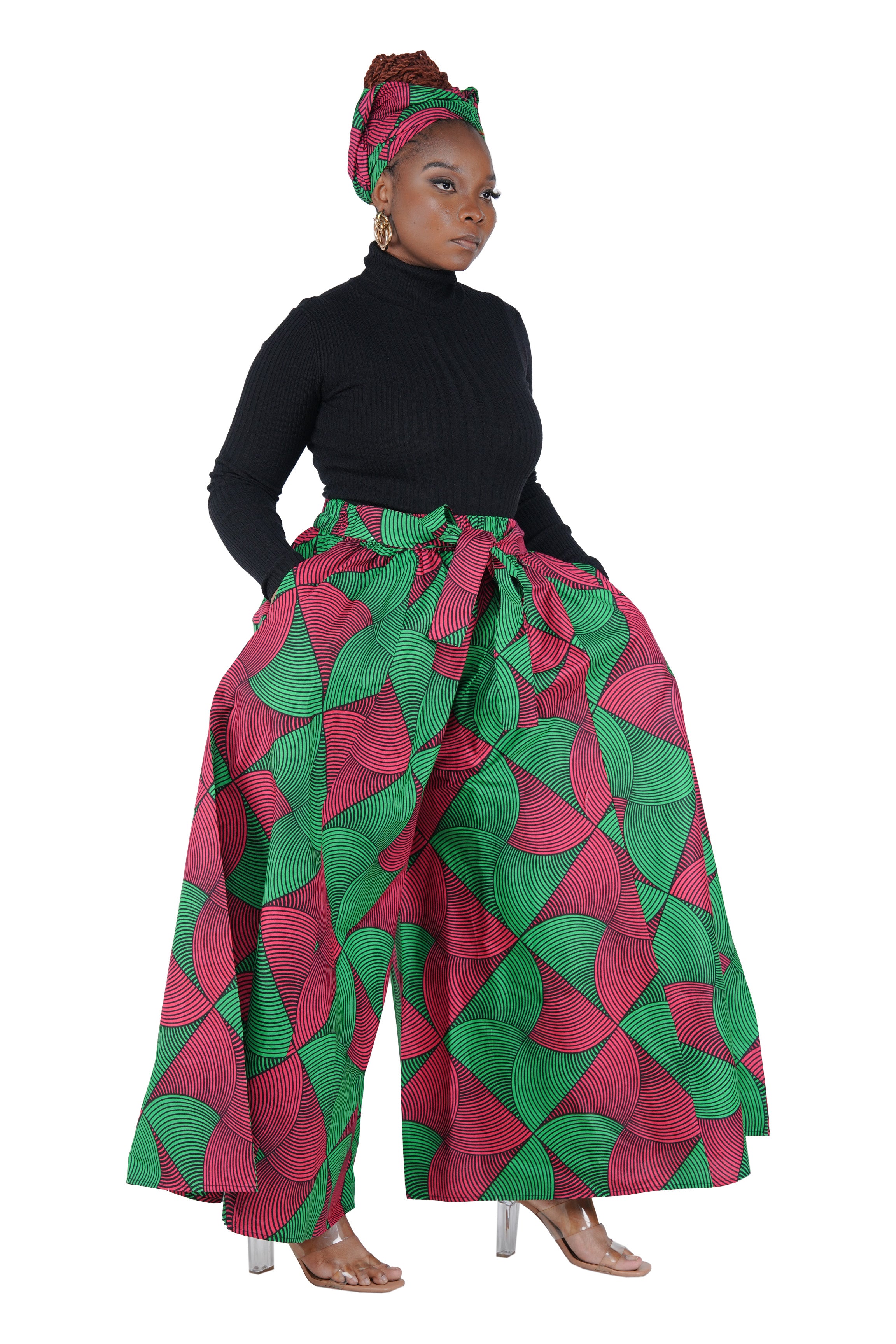 African Palazzo Pants Set w/ Headwrap | Wide Leg Cotton Pants w/ Belts &amp; Pockets, One Size
