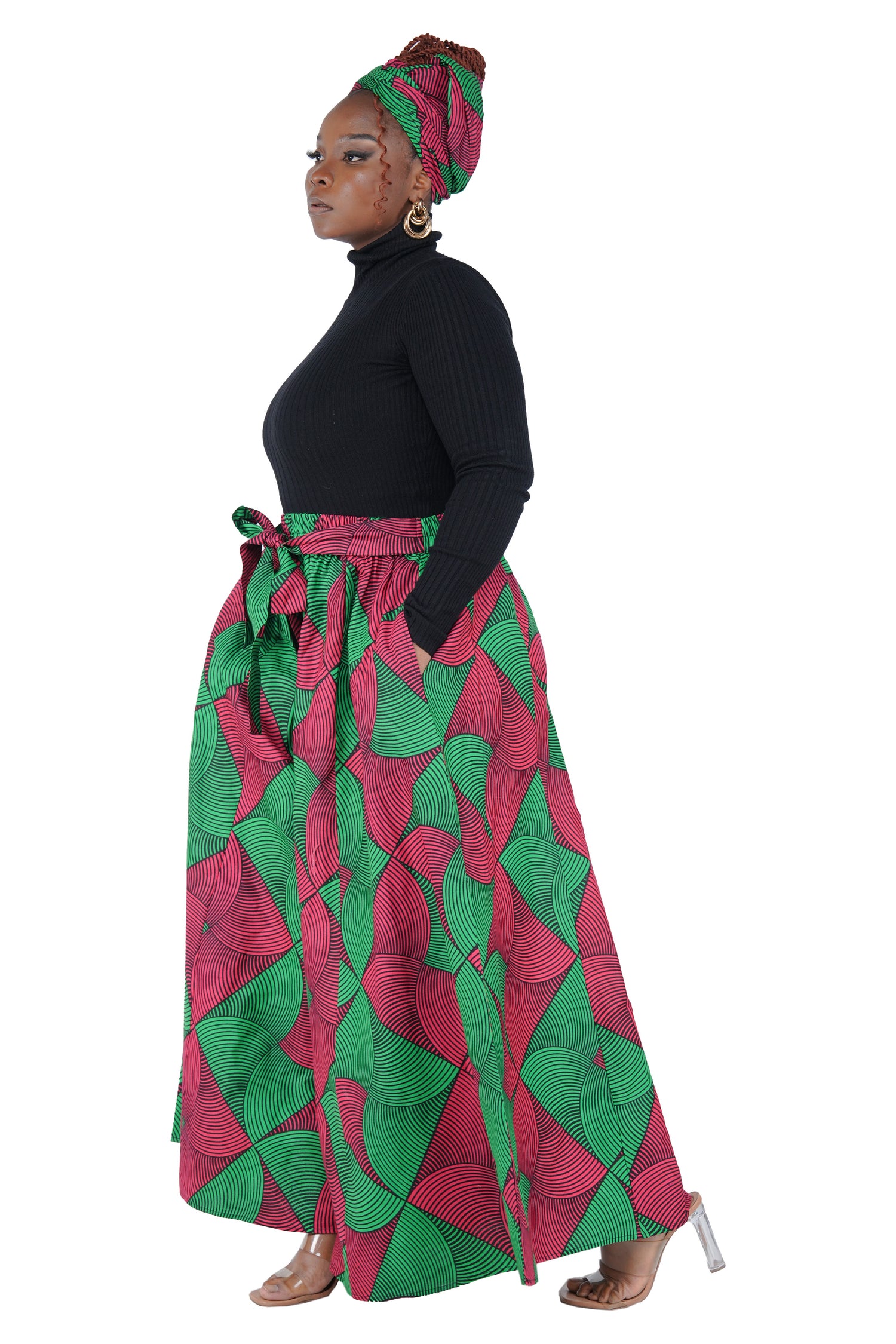 African Palazzo Pants Set w/ Headwrap | Wide Leg Cotton Pants w/ Belts &amp; Pockets, One Size