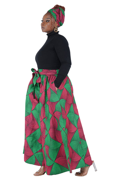 African Palazzo Pants Set w/ Headwrap | Wide Leg Cotton Pants w/ Belts &amp; Pockets, One Size
