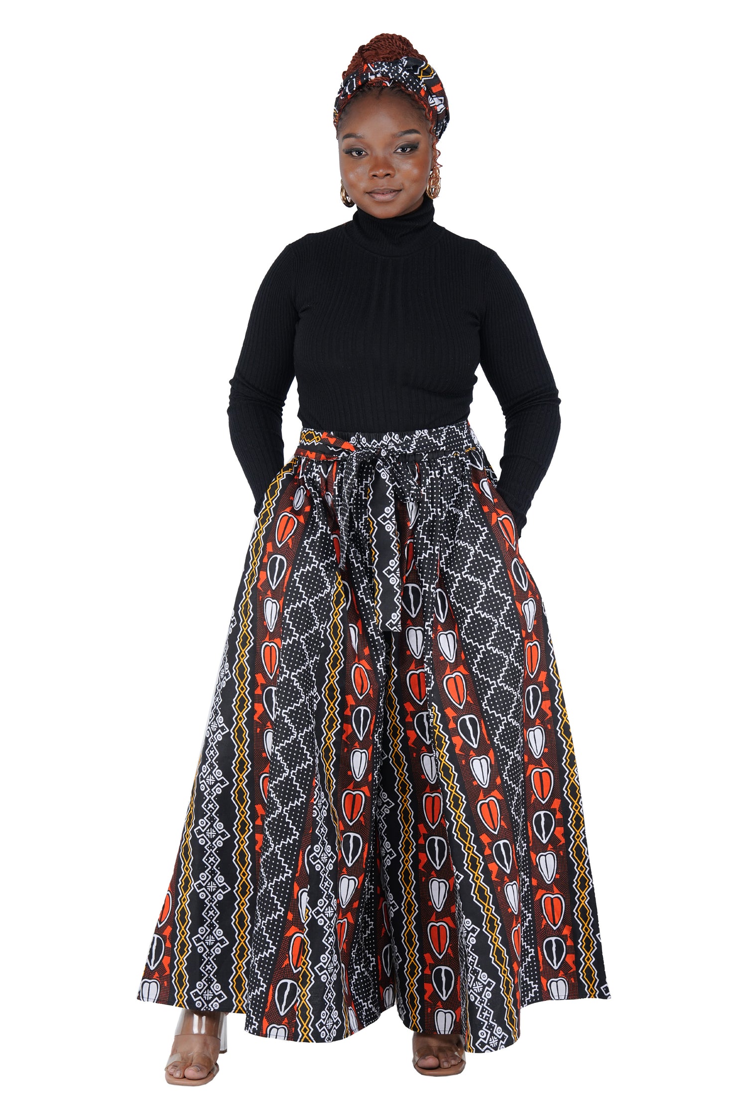 African Palazzo Pants Set w/ Headwrap | Wide Leg Cotton Pants w/ Belts &amp; Pockets, One Size