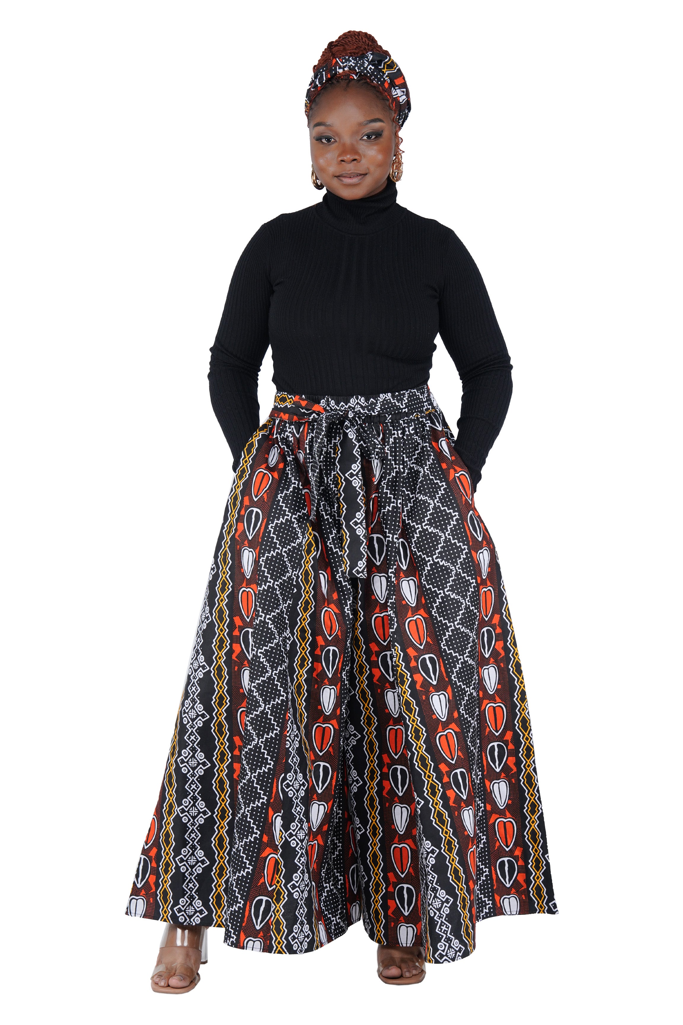 African Palazzo Pants Set w/ Headwrap | Wide Leg Cotton Pants w/ Belts &amp; Pockets, One Size