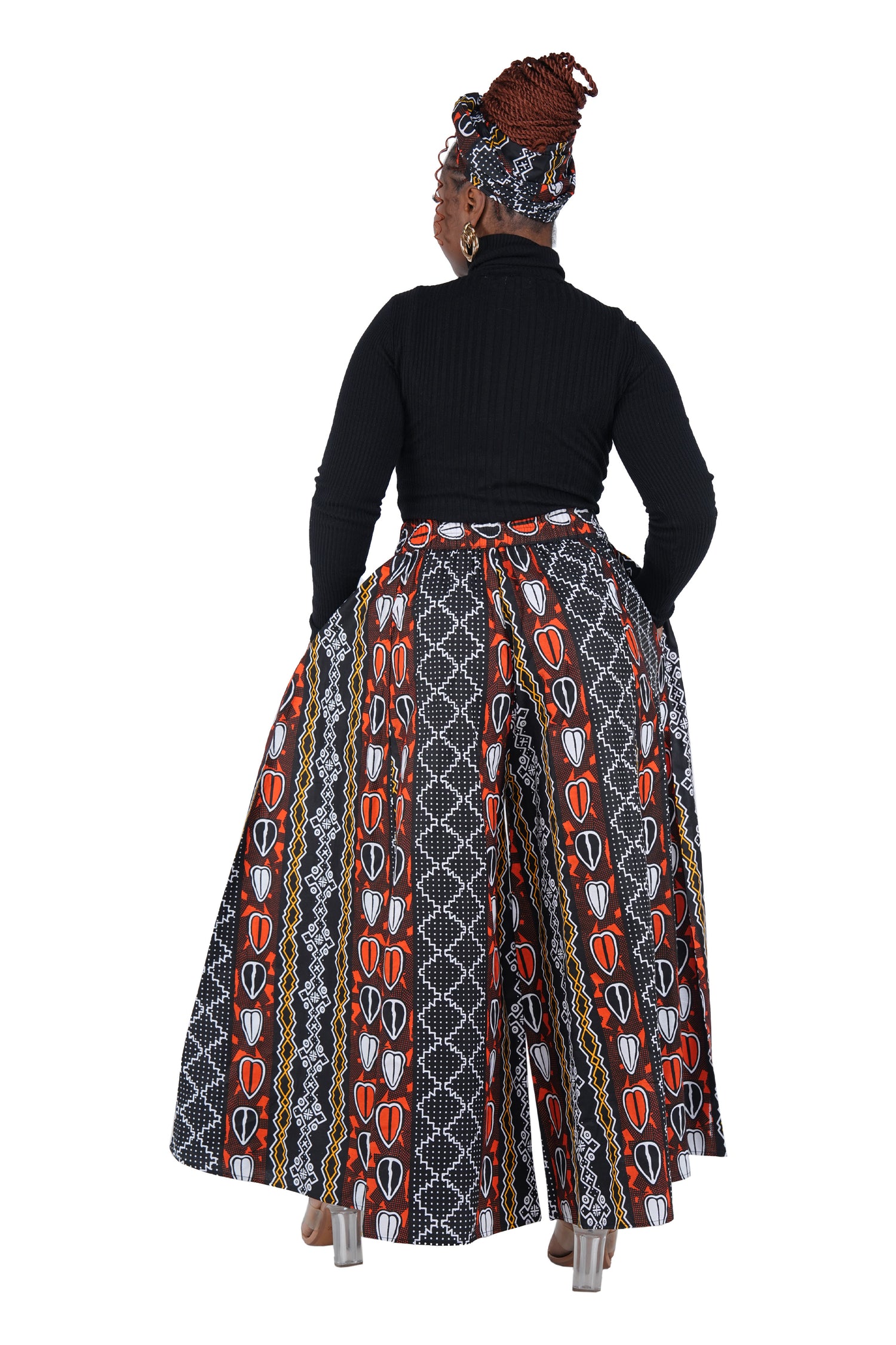 African Palazzo Pants Set w/ Headwrap | Wide Leg Cotton Pants w/ Belts &amp; Pockets, One Size
