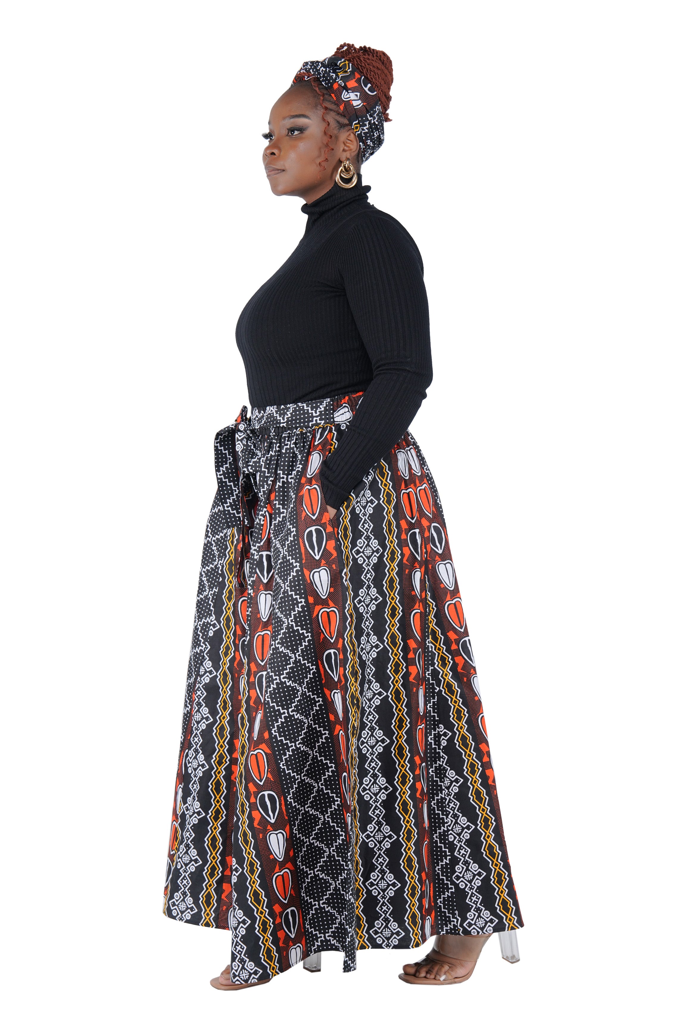 African Palazzo Pants Set w/ Headwrap | Wide Leg Cotton Pants w/ Belts &amp; Pockets, One Size