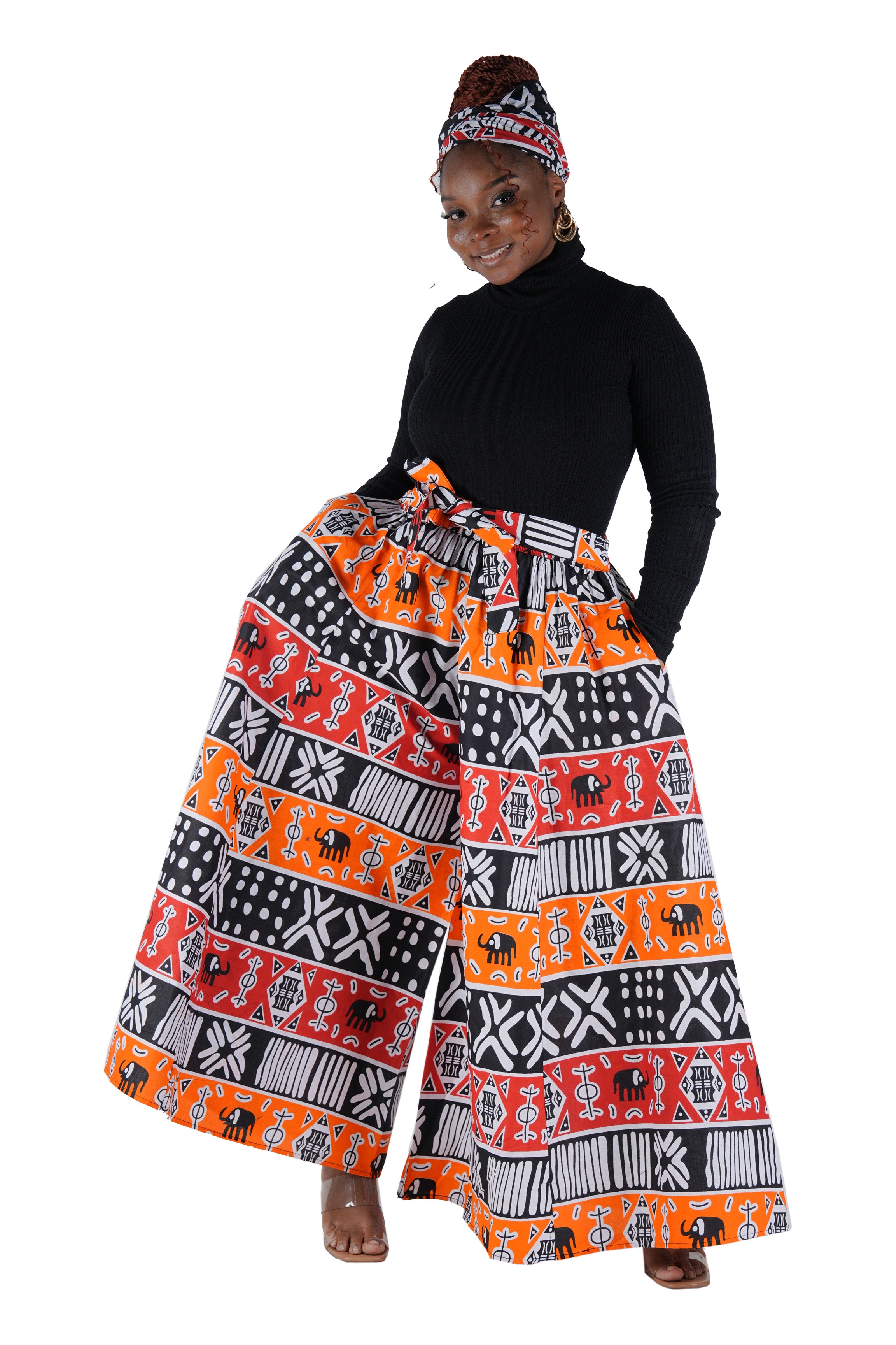 African Palazzo Pants Set w/ Headwrap | Wide Leg Cotton Pants w/ Belts &amp; Pockets, One Size