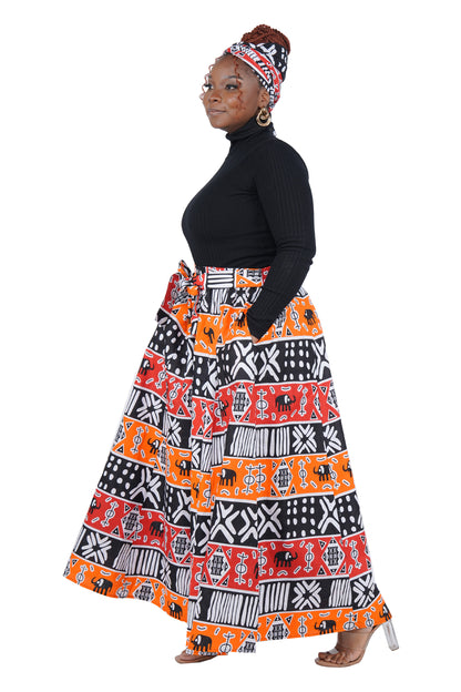 African Palazzo Pants Set w/ Headwrap | Wide Leg Cotton Pants w/ Belts &amp; Pockets, One Size