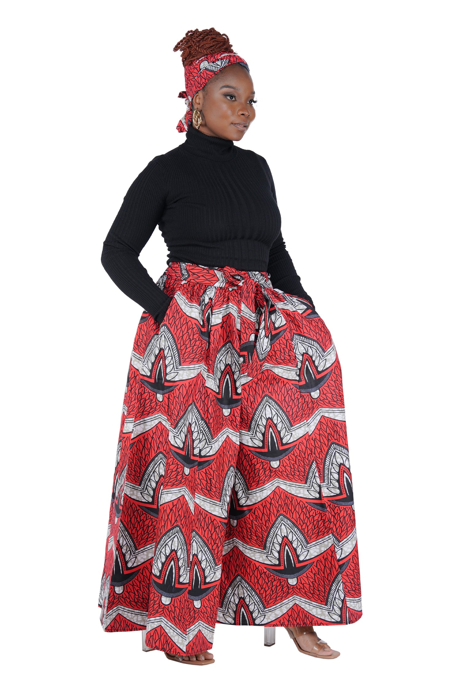African Palazzo Pants Set w/ Headwrap | Wide Leg Cotton Pants w/ Belts &amp; Pockets, One Size