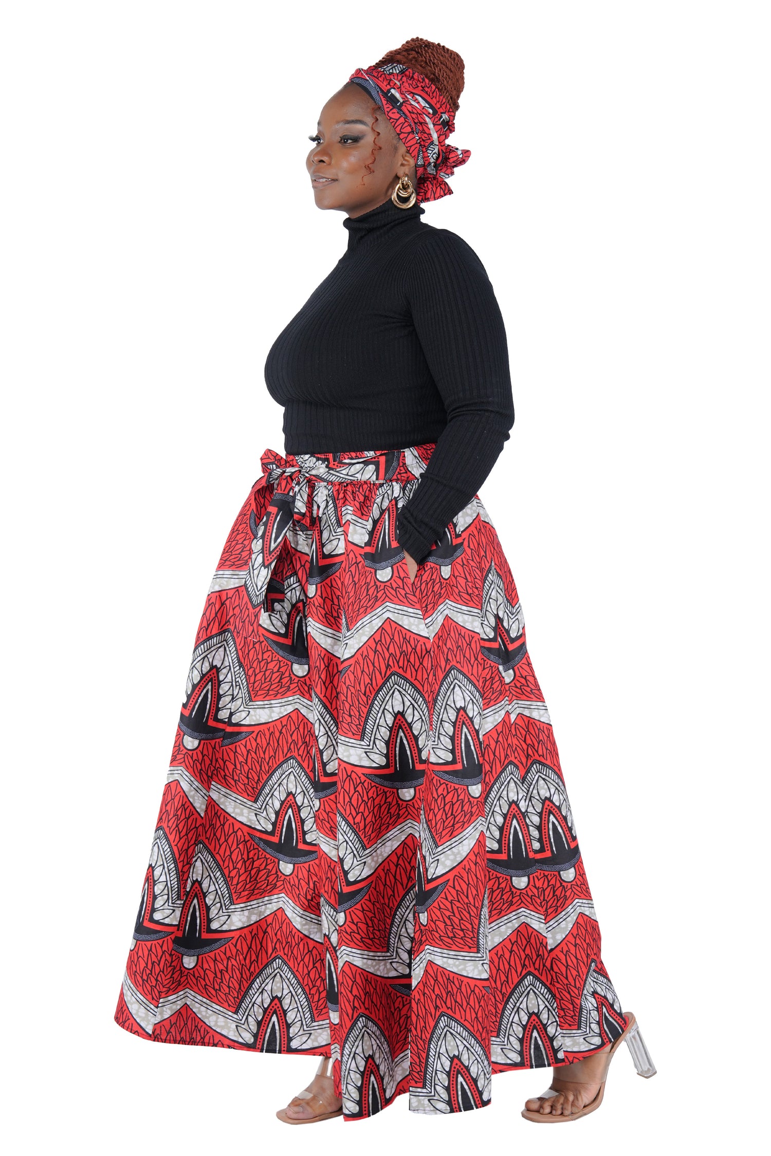 African Palazzo Pants Set w/ Headwrap | Wide Leg Cotton Pants w/ Belts &amp; Pockets, One Size