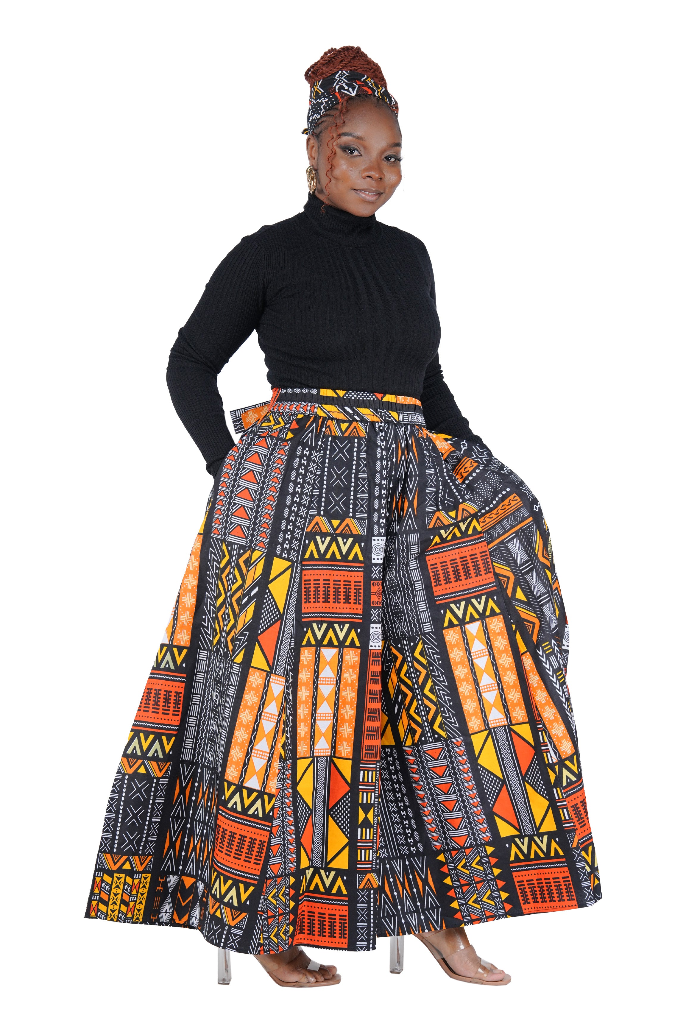 African Palazzo Pants Set w/ Headwrap | Wide Leg Cotton Pants w/ Belts &amp; Pockets, One Size
