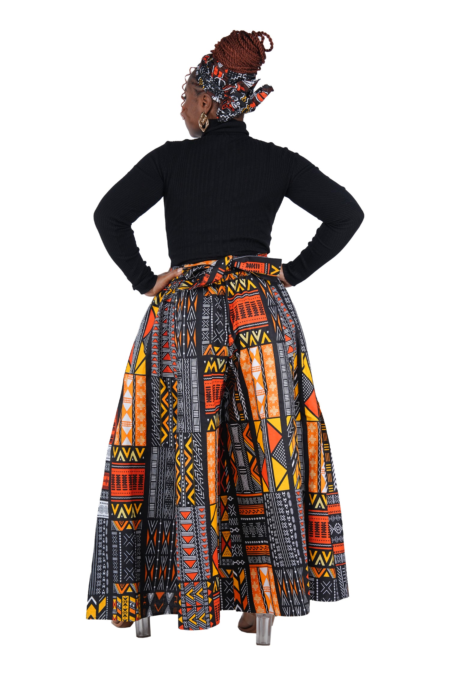 African Palazzo Pants Set w/ Headwrap | Wide Leg Cotton Pants w/ Belts &amp; Pockets, One Size