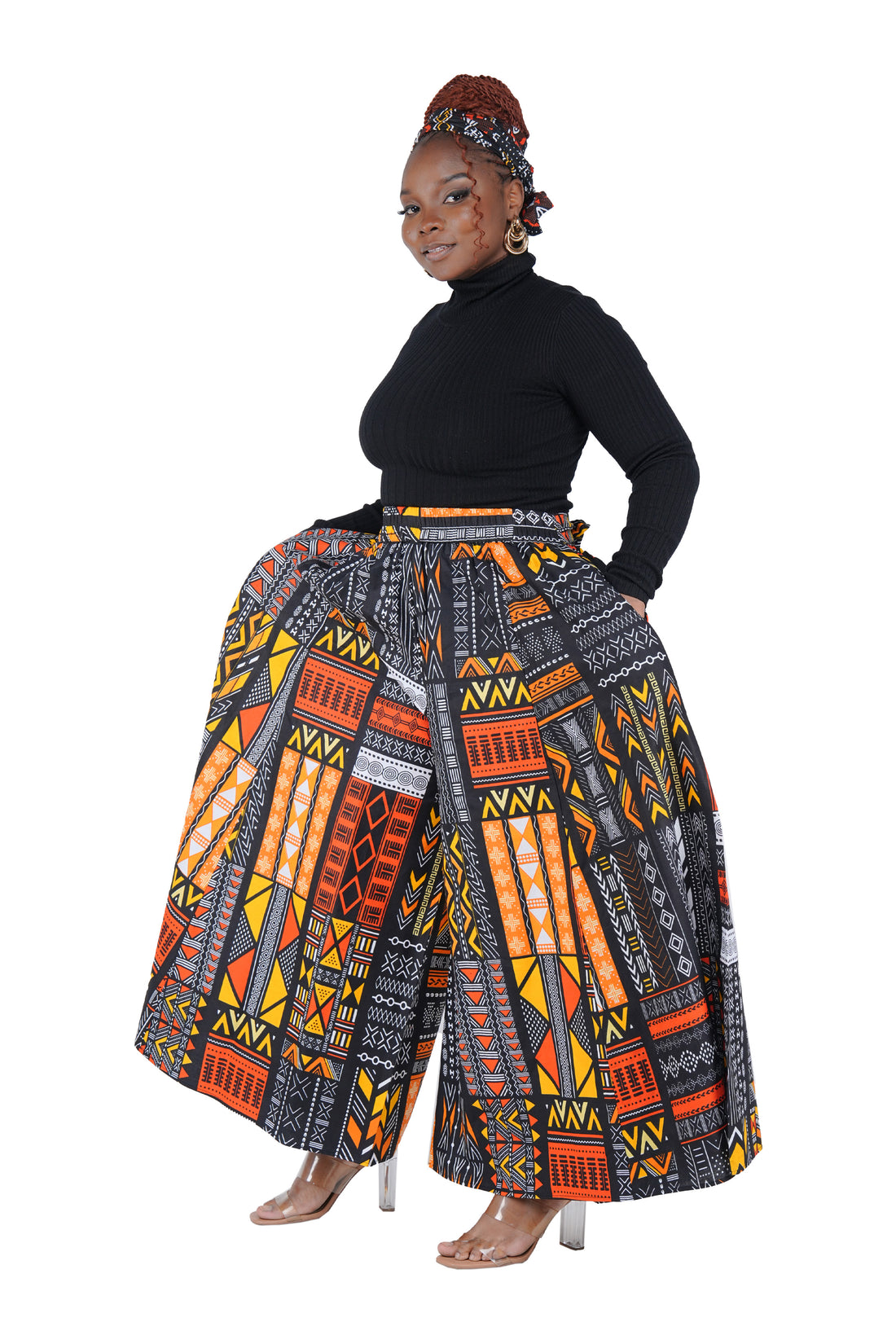 African Palazzo Pants Set w/ Headwrap | Wide Leg Cotton Pants w/ Belts &amp; Pockets, One Size