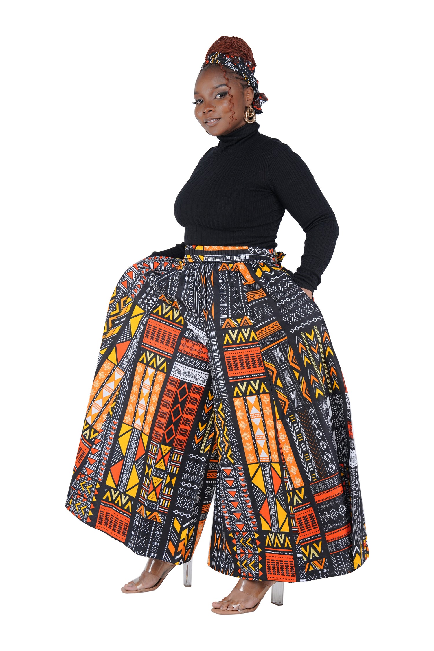 African Palazzo Pants Set w/ Headwrap | Wide Leg Cotton Pants w/ Belts &amp; Pockets, One Size