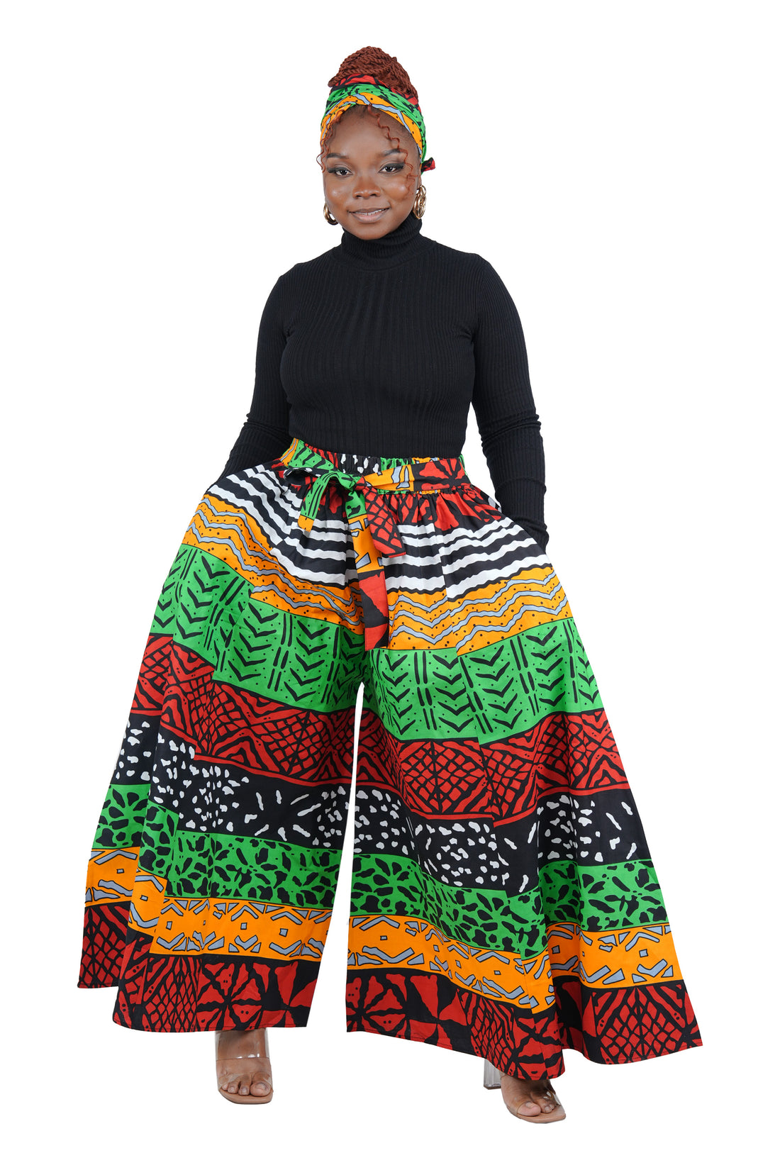 African Palazzo Pants Set w/ Headwrap | Wide Leg Cotton Pants w/ Belts &amp; Pockets, One Size