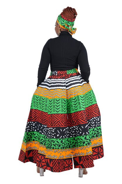 African Palazzo Pants Set w/ Headwrap | Wide Leg Cotton Pants w/ Belts &amp; Pockets, One Size