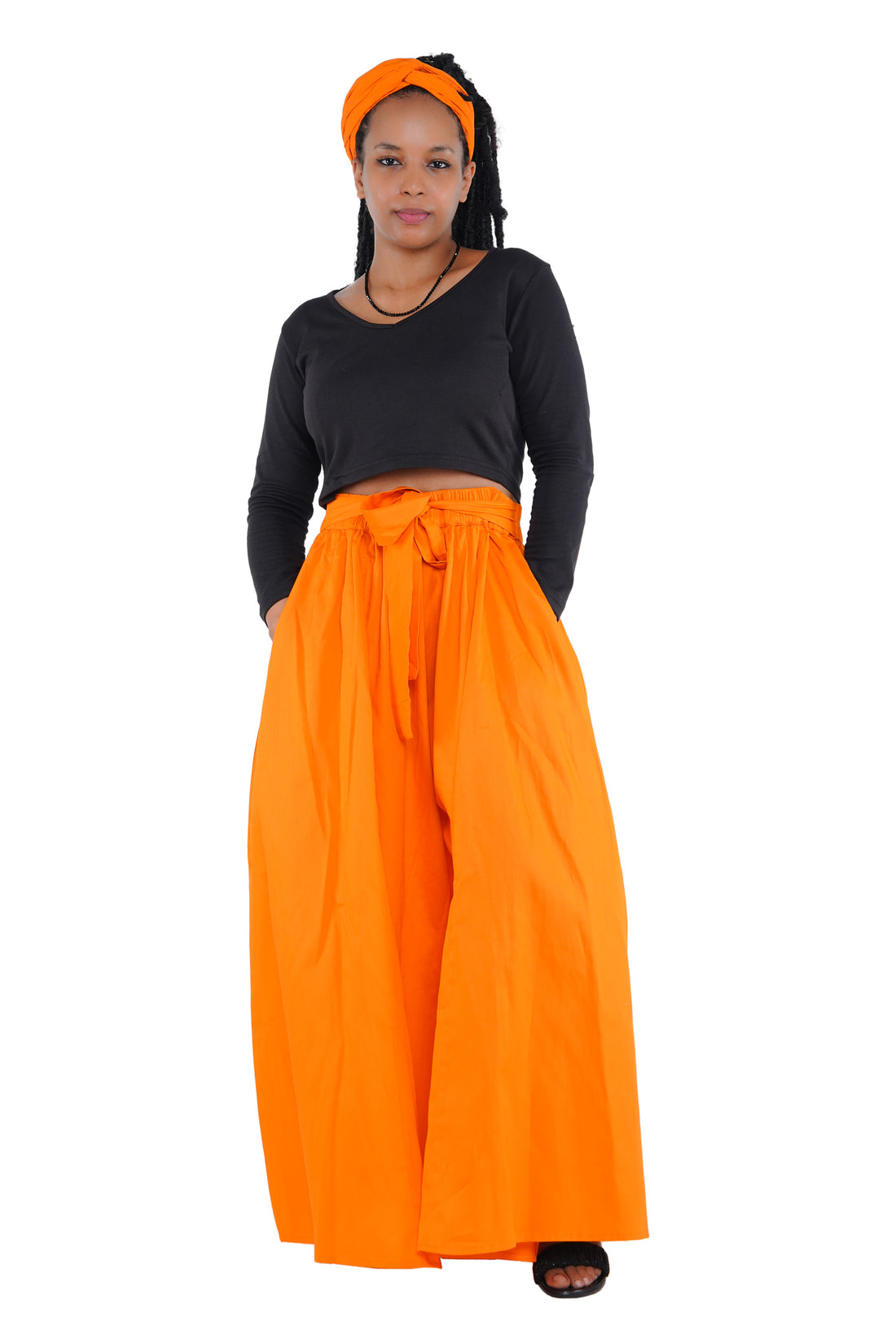 African Palazzo Pants Set w/ Headwrap | Wide Leg Cotton Pants w/ Belts & Pockets, One Size Ankara