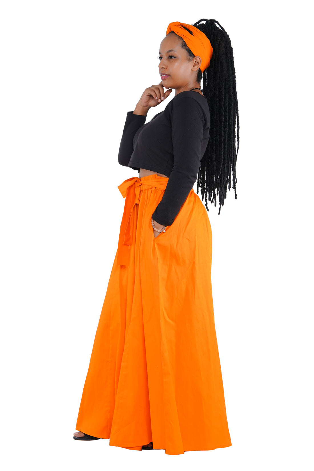 African Palazzo Pants Set w/ Headwrap | Wide Leg Cotton Pants w/ Belts & Pockets, One Size Ankara