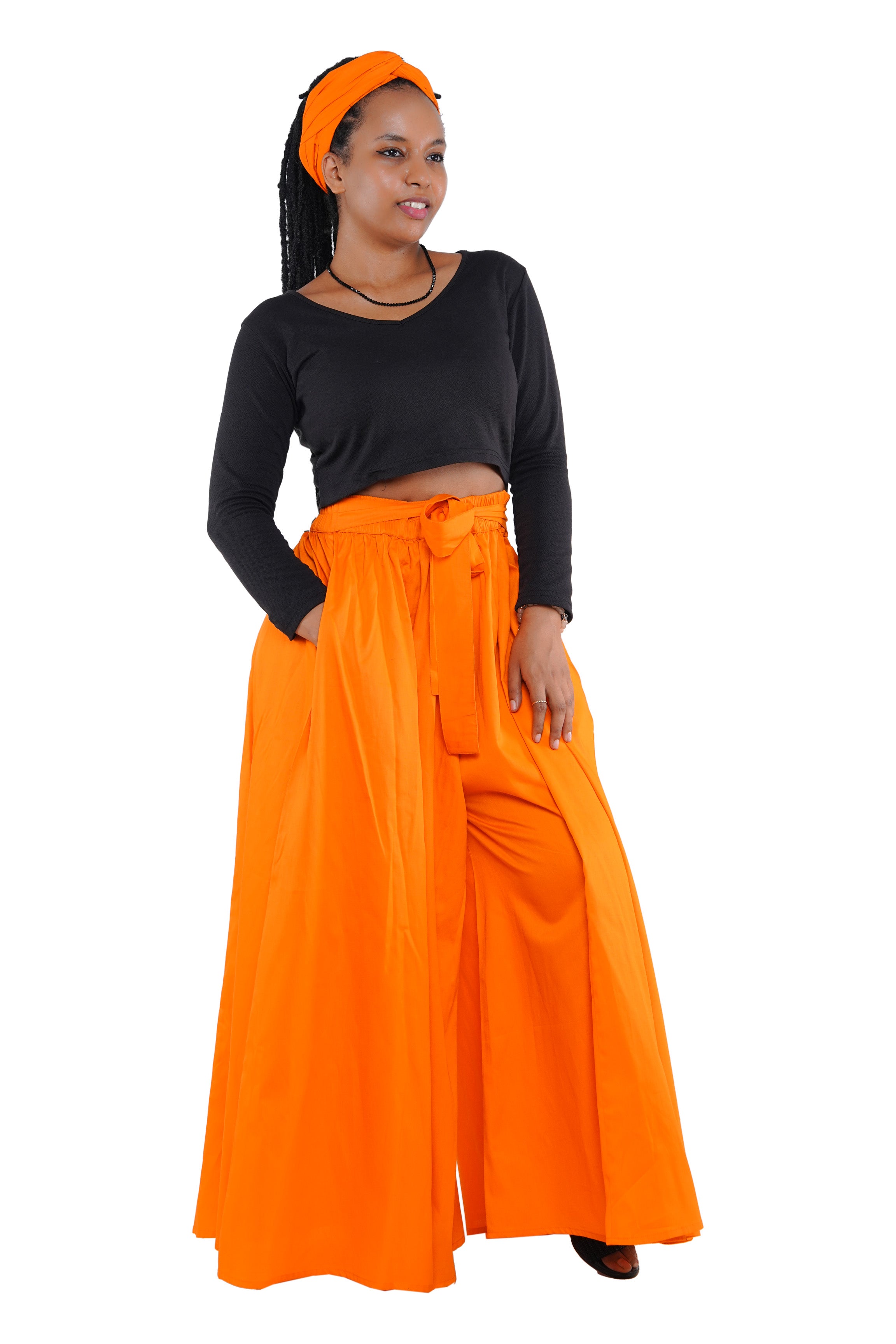 African Palazzo Pants Set w/ Headwrap | Wide Leg Cotton Pants w/ Belts &amp; Pockets, One Size Ankara