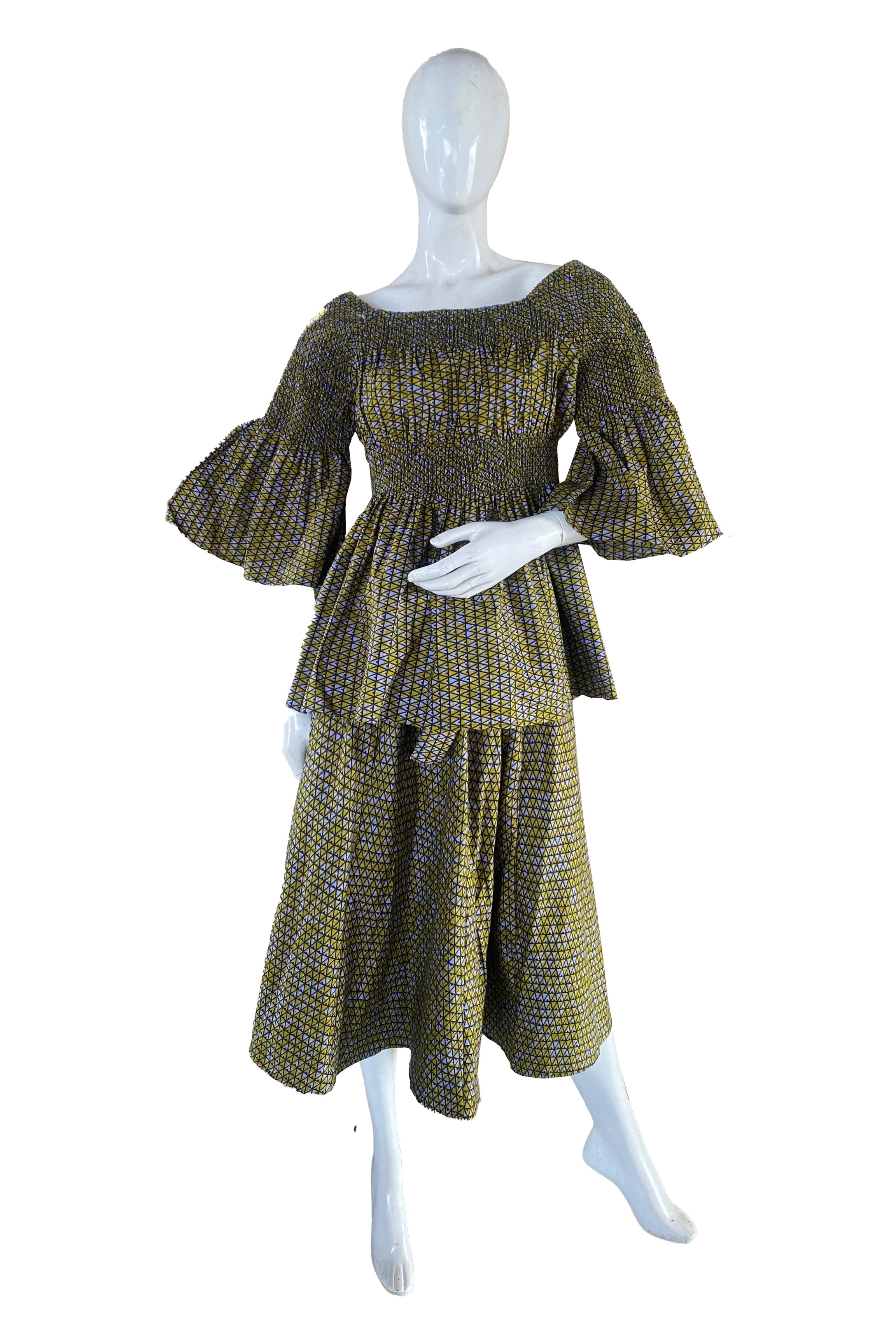 African Ladies Smocked Peplum Blouse &amp; Skirt Set with Headwrap | 100% Cotton