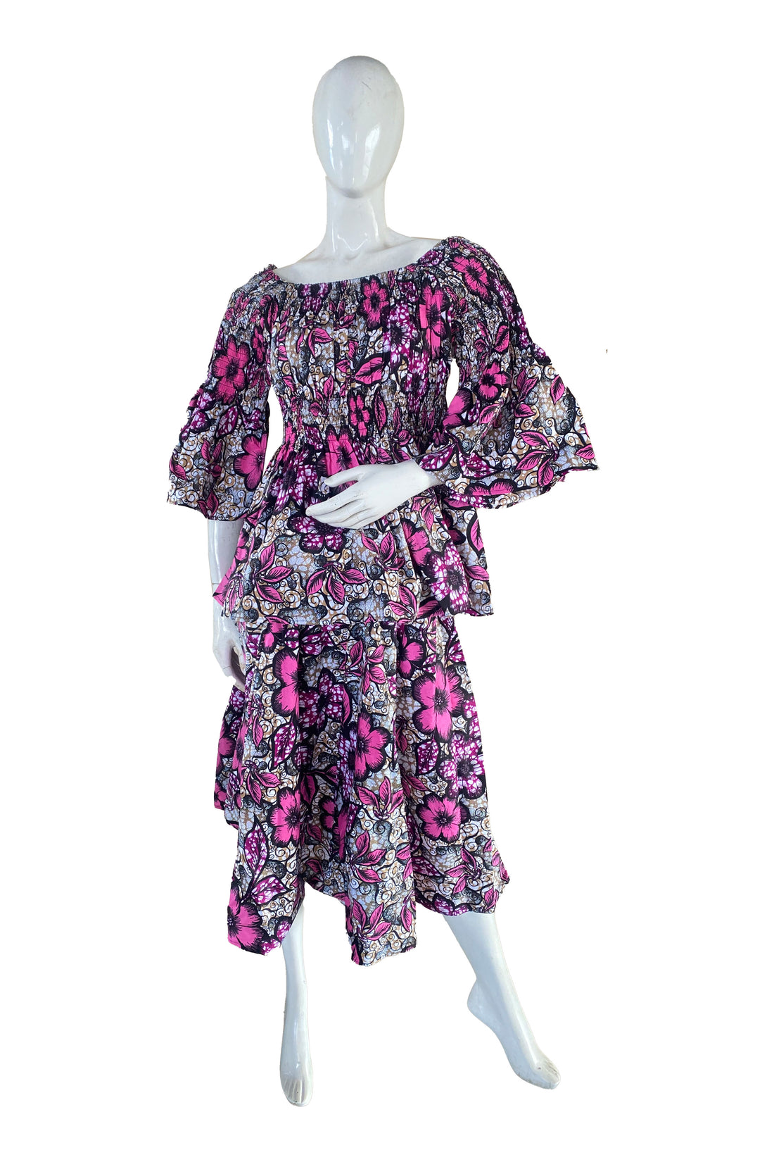 African Ladies Smocked Peplum Blouse &amp; Skirt Set with Headwrap | 100% Cotton