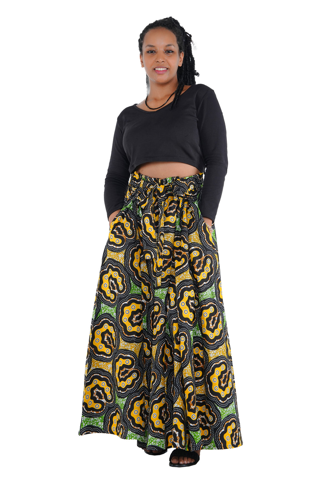 African Long Maxi Skirt 100% Cotton w/ Pockets &amp; Headwrap One Size 41” Length