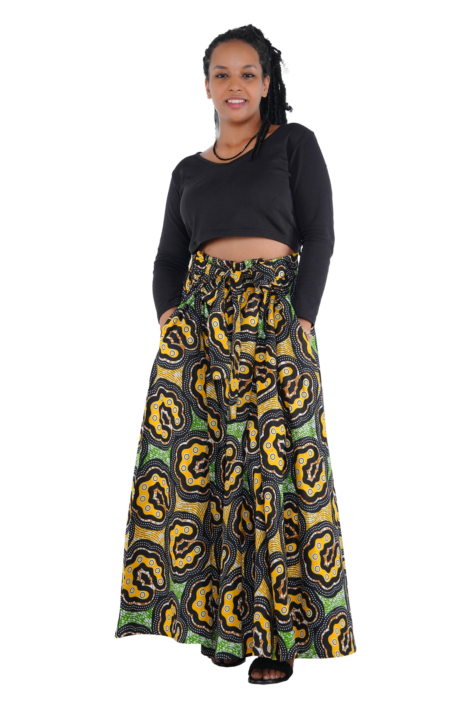 African Long Maxi Skirt 100% Cotton w/ Pockets &amp; Headwrap One Size 41” Length