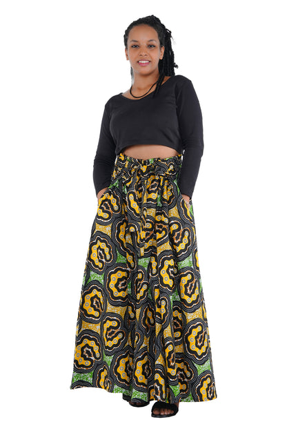 African Long Maxi Skirt 100% Cotton w/ Pockets &amp; Headwrap One Size 41” Length