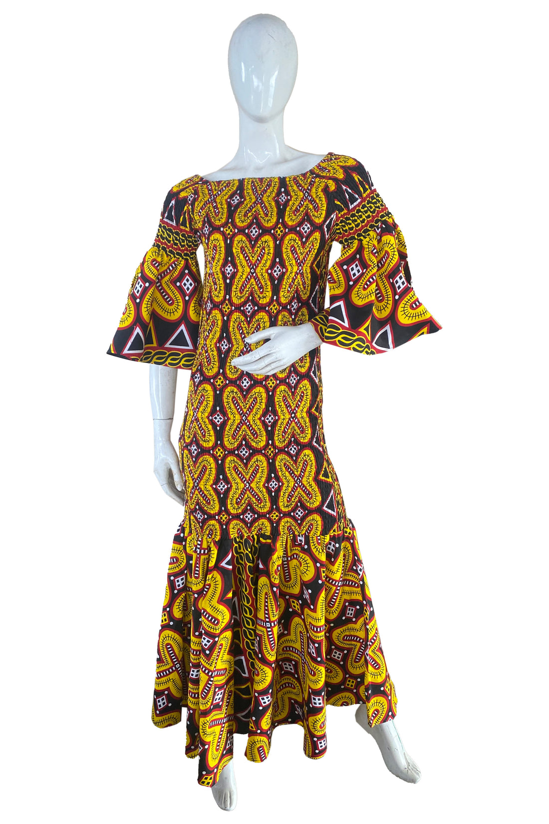African High Low Mermaid Dress w/ Headwrap – Smocked Cotton
