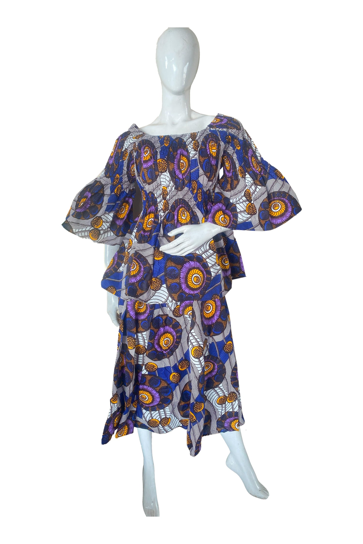 African Ladies Smocked Peplum Blouse &amp; Skirt Set with Headwrap | 100% Cotton