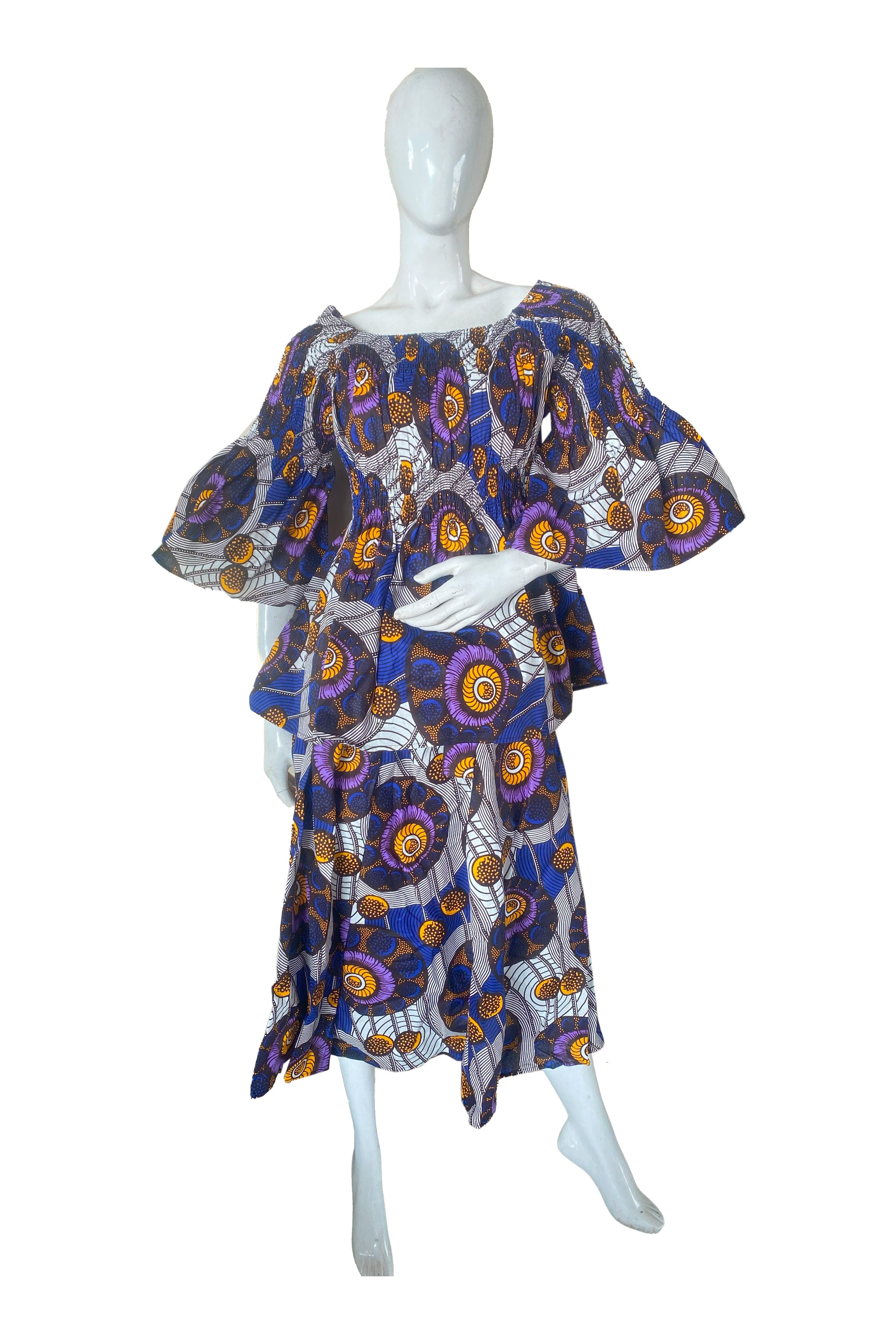African Ladies Smocked Peplum Blouse &amp; Skirt Set with Headwrap | 100% Cotton