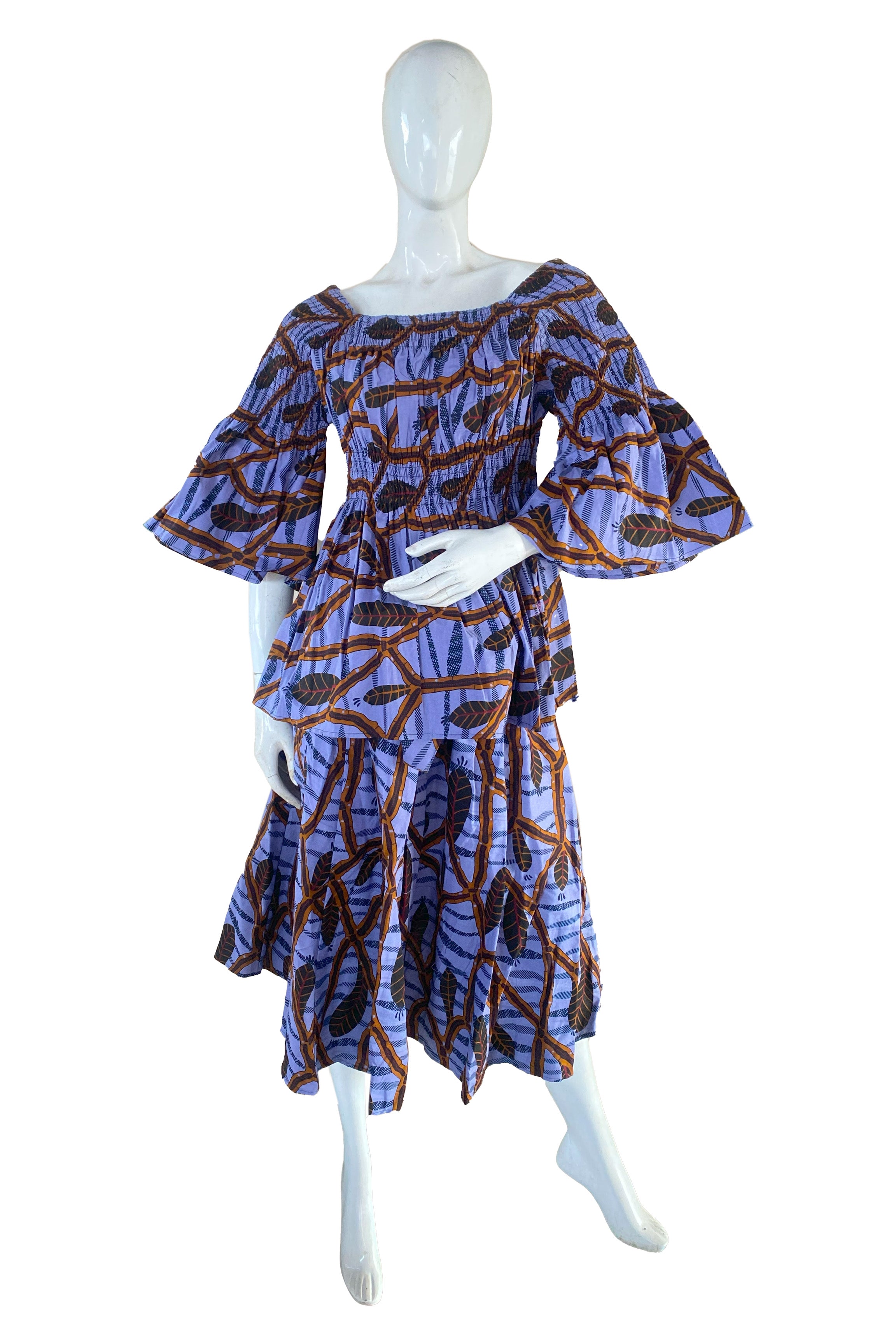 African Ladies Smocked Peplum Blouse &amp; Skirt Set with Headwrap | 100% Cotton