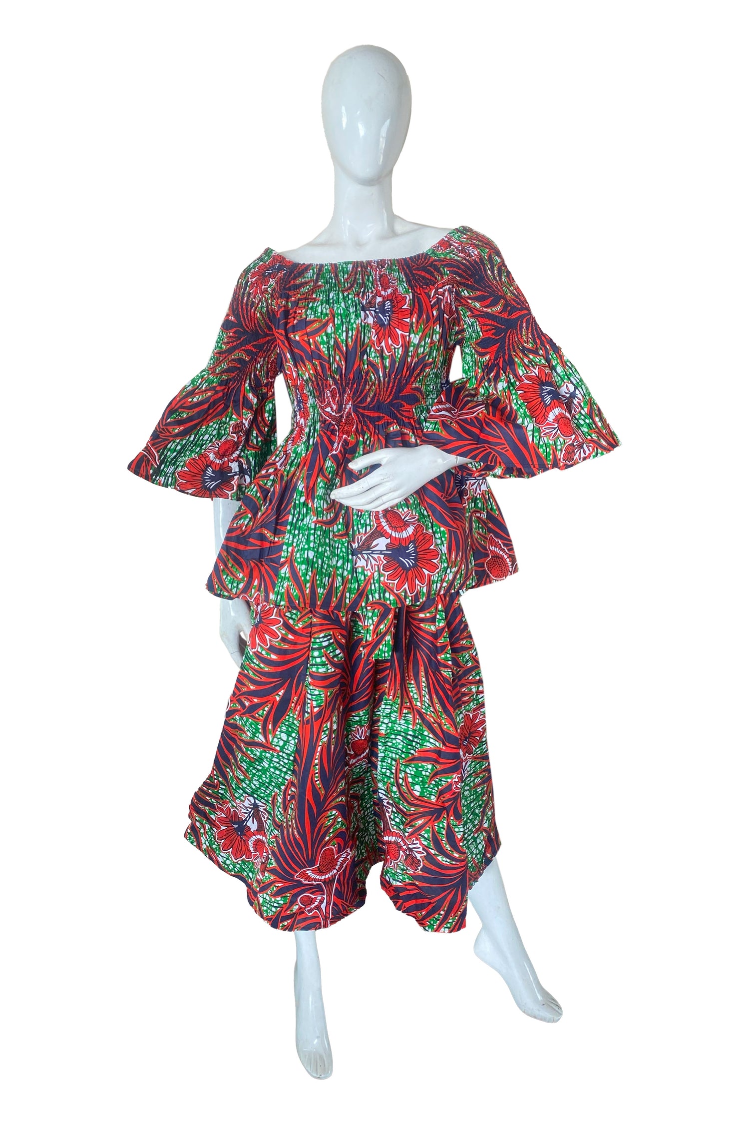 African Ladies Smocked Peplum Blouse &amp; Skirt Set with Headwrap | 100% Cotton