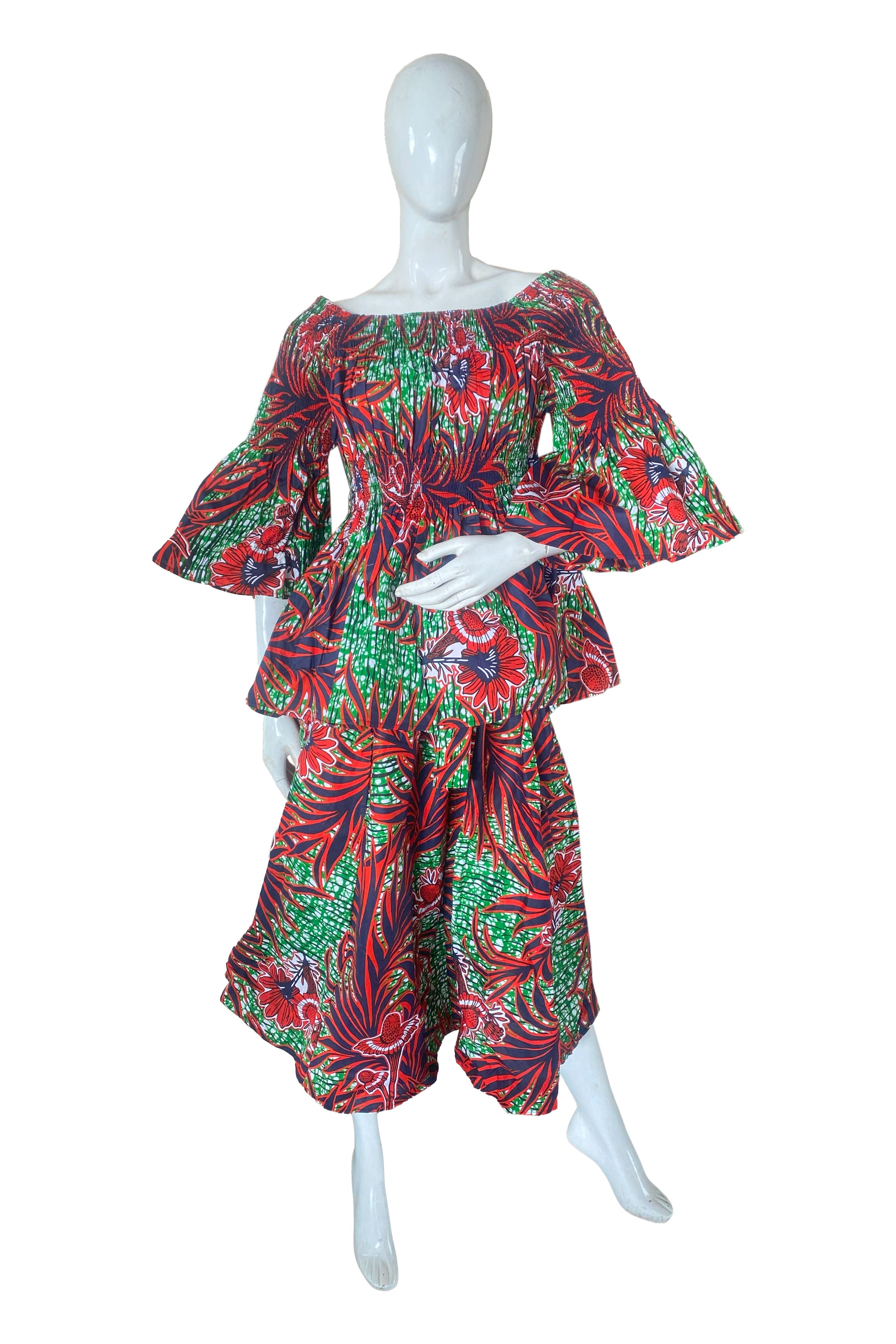 African Ladies Smocked Peplum Blouse &amp; Skirt Set with Headwrap | 100% Cotton