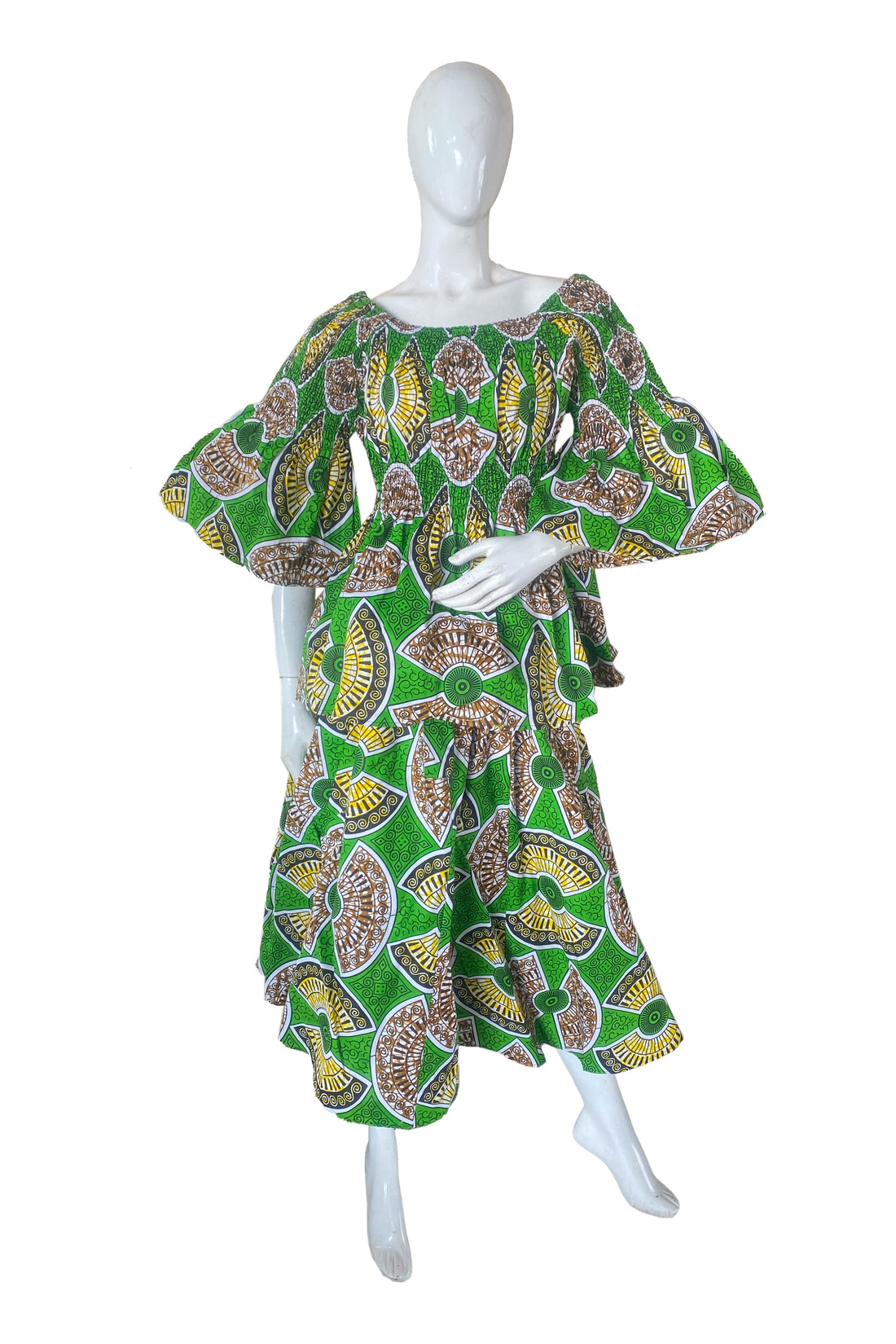 African Ladies Smocked Peplum Blouse &amp; Skirt Set with Headwrap | 100% Cotton