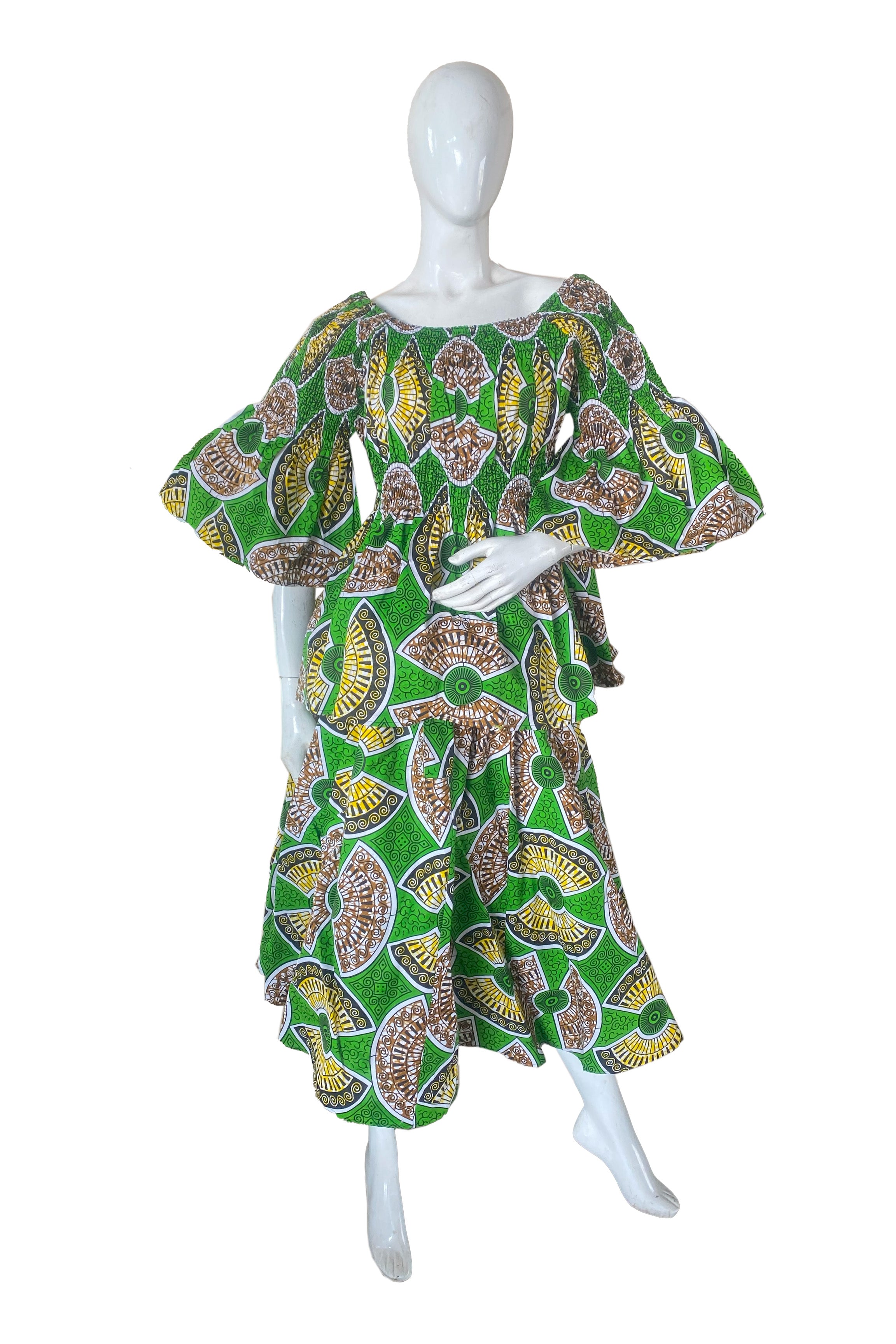 African Ladies Smocked Peplum Blouse &amp; Skirt Set with Headwrap | 100% Cotton