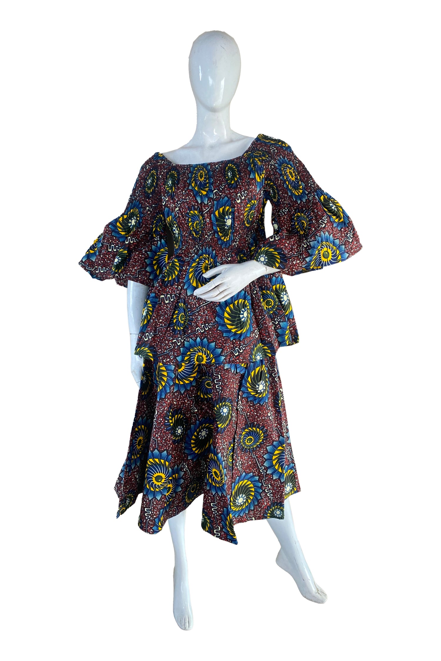 African ladies smocked peplum blouse and skirt set with matching headwrap