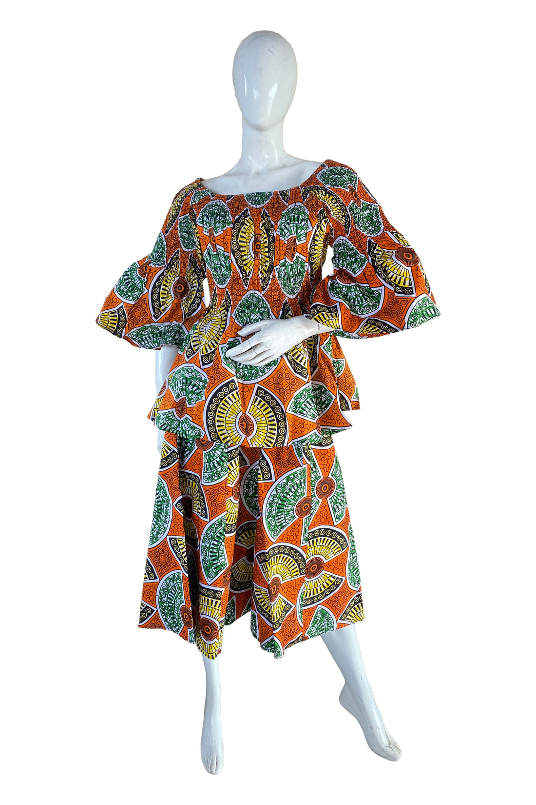 African Ladies Smocked Peplum Blouse &amp; Skirt Set with Headwrap | 100% Cotton