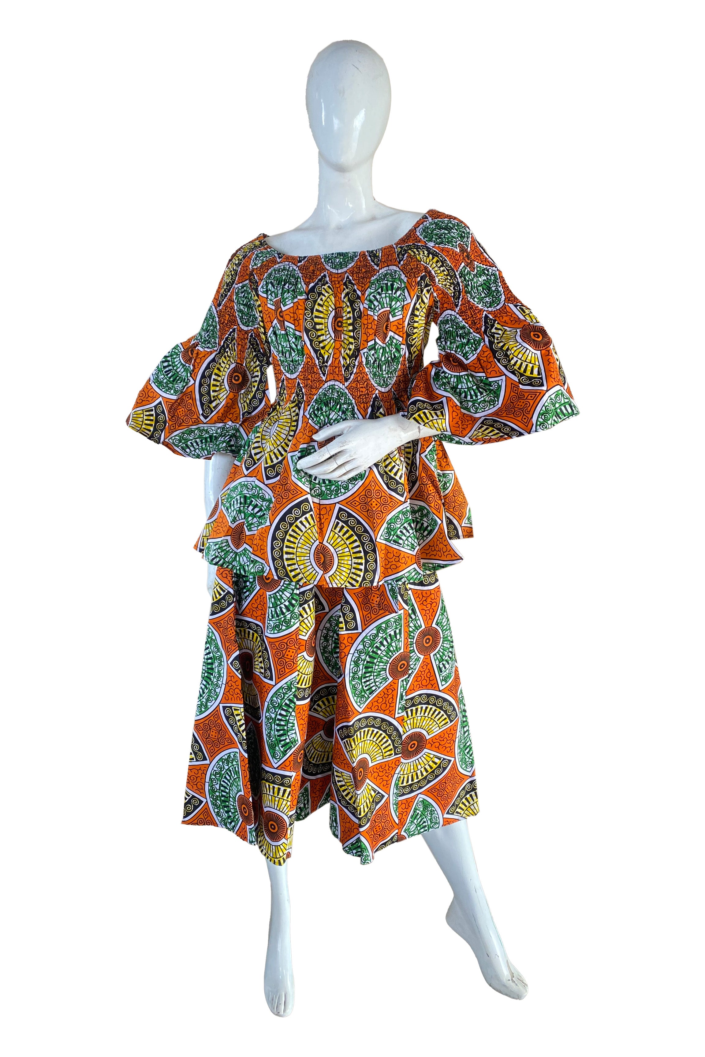 African Ladies Smocked Peplum Blouse &amp; Skirt Set with Headwrap | 100% Cotton