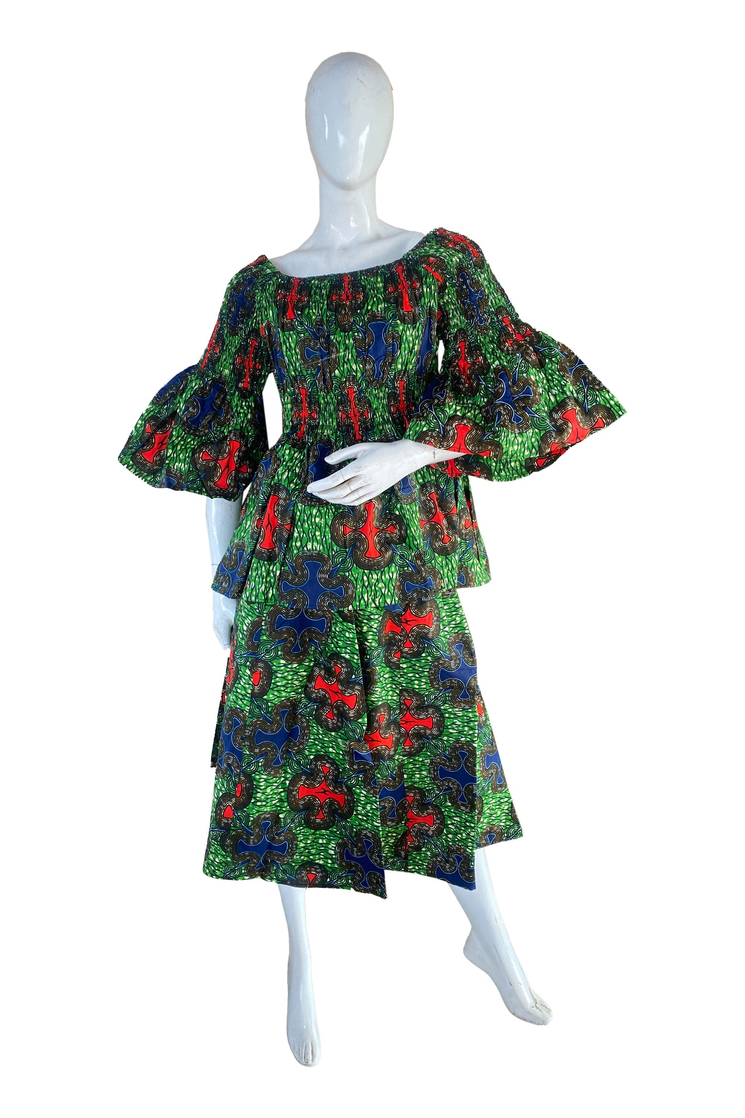 African Ladies Smocked Peplum Blouse &amp; Skirt Set with Headwrap | 100% Cotton